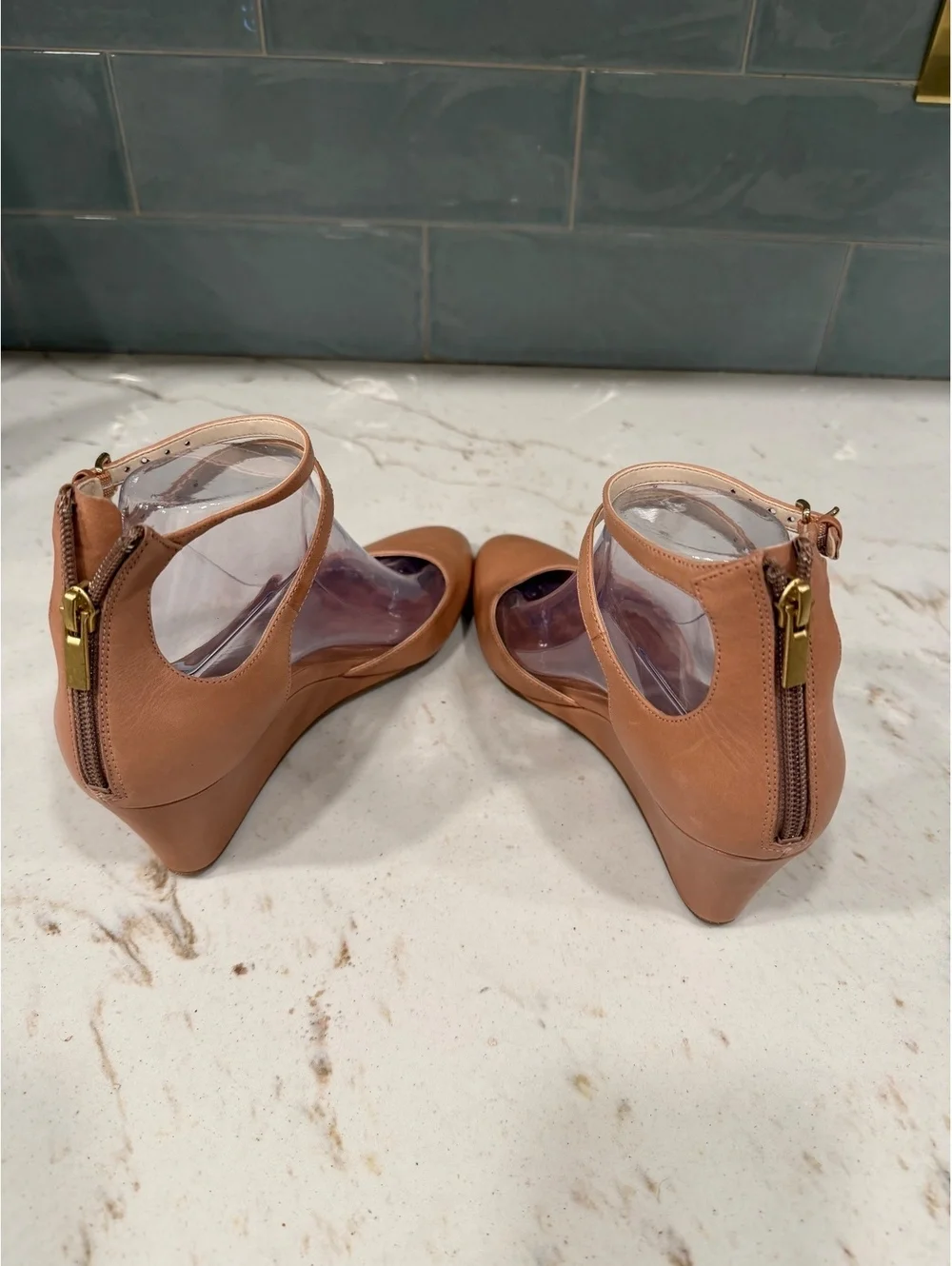 Cole Haan Grand.OS Leather Double Ankle Strap Wedge Pumps - Tan / Nude Sz